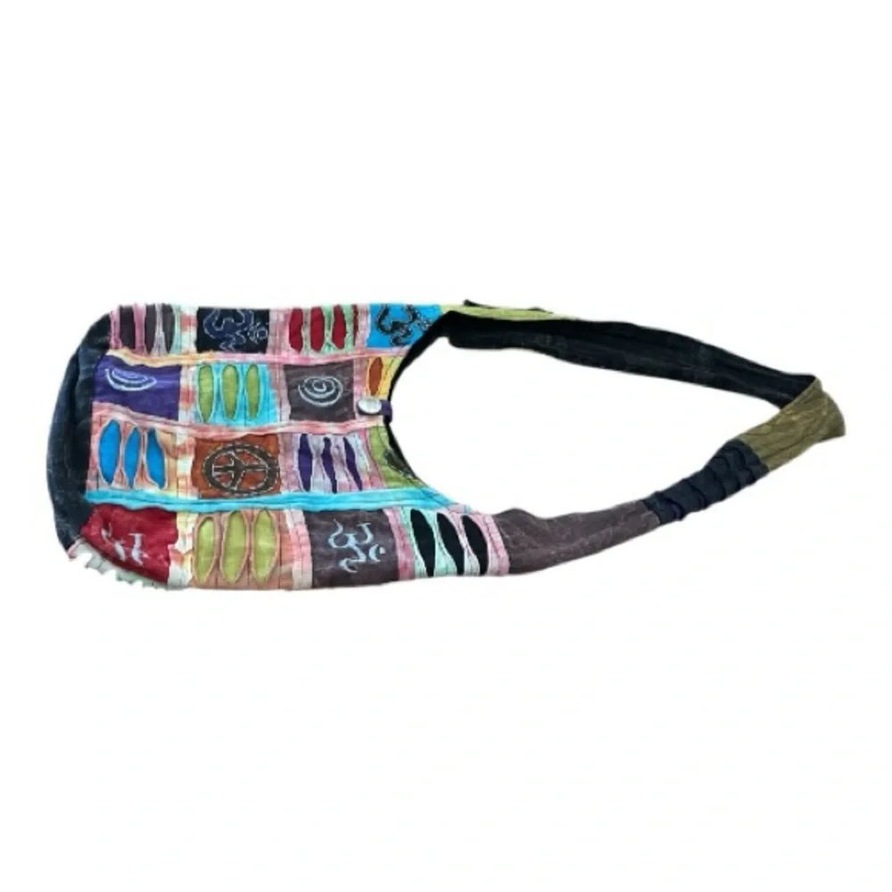 Distressed Hippie Satchel Unisex‎ Crossbody Bag Multicolor Peace Love Om Print